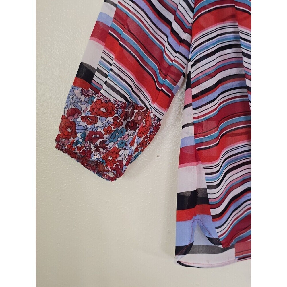 Fig & Flower Blouse Womens PS Boho Floral Stripe Tie Front 3/4 Sleeve - Picture 7 of 12